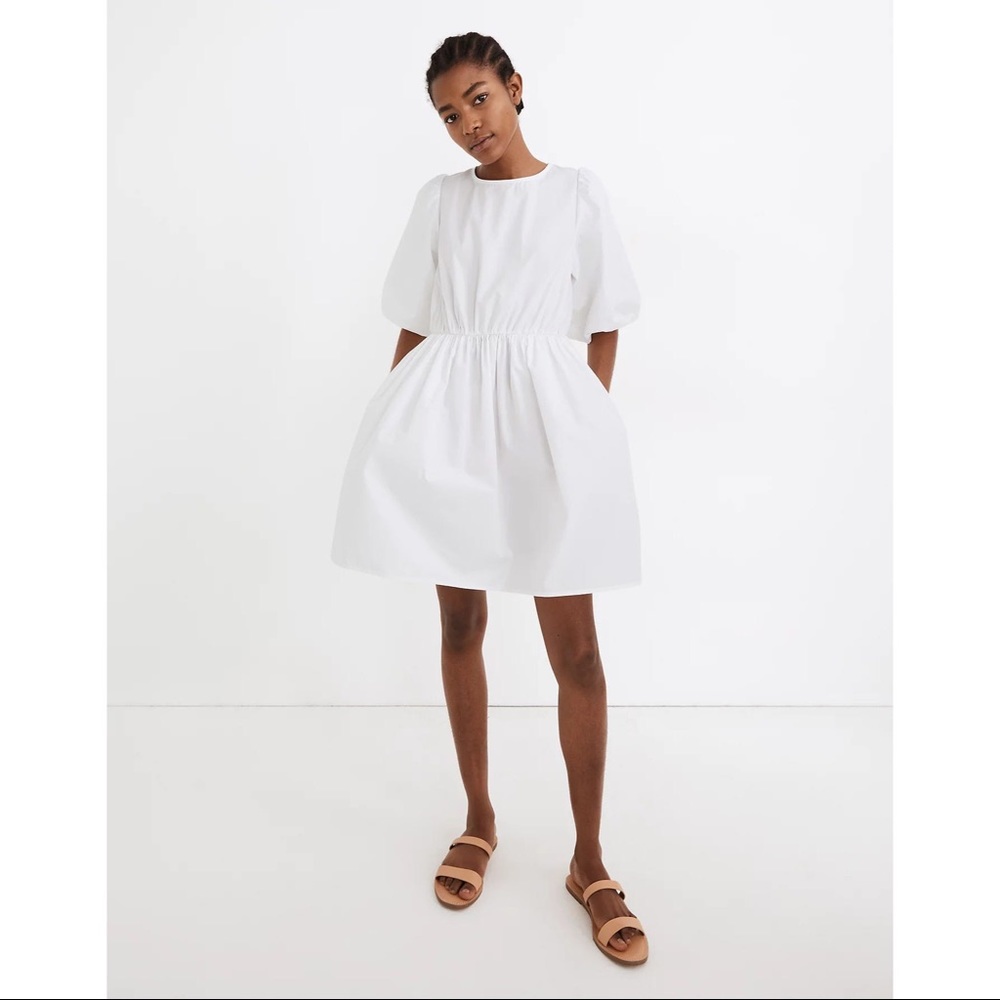 Madewell Poplin Crew Neck Bubble Sleeve Mini Dress, White, Sz 4, NWT